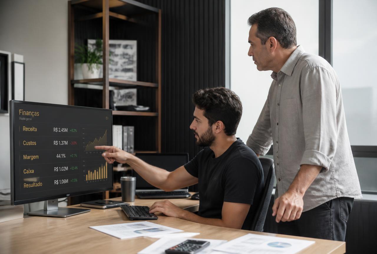 Especialista e empresário analisando painel financeiro no monitor